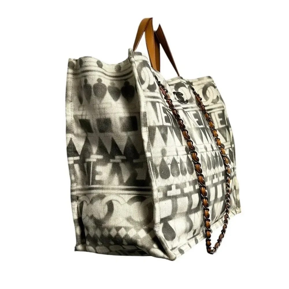 Chanel Cream Gray Canvas Iliad Chain Leather Strap Shopping Tote Bag